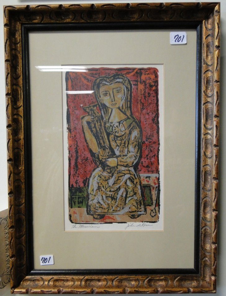 Hand colored block print entitled The musician sig: Hand colored block print entitled The musician signed John da Rosa; 18"Hx13"W