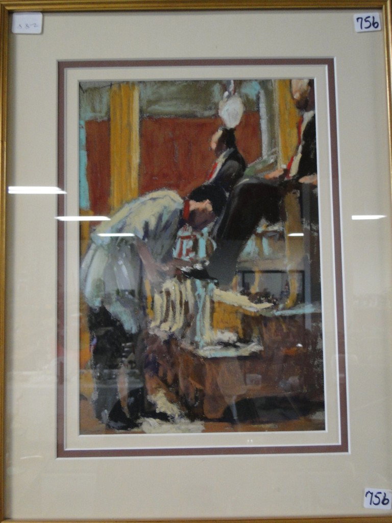 Pastel by Jody dePew McLean depicting a shoeshine : Pastel by Jody dePew McLean depicting a shoeshine man with documentation; framed 14"Wx18"H