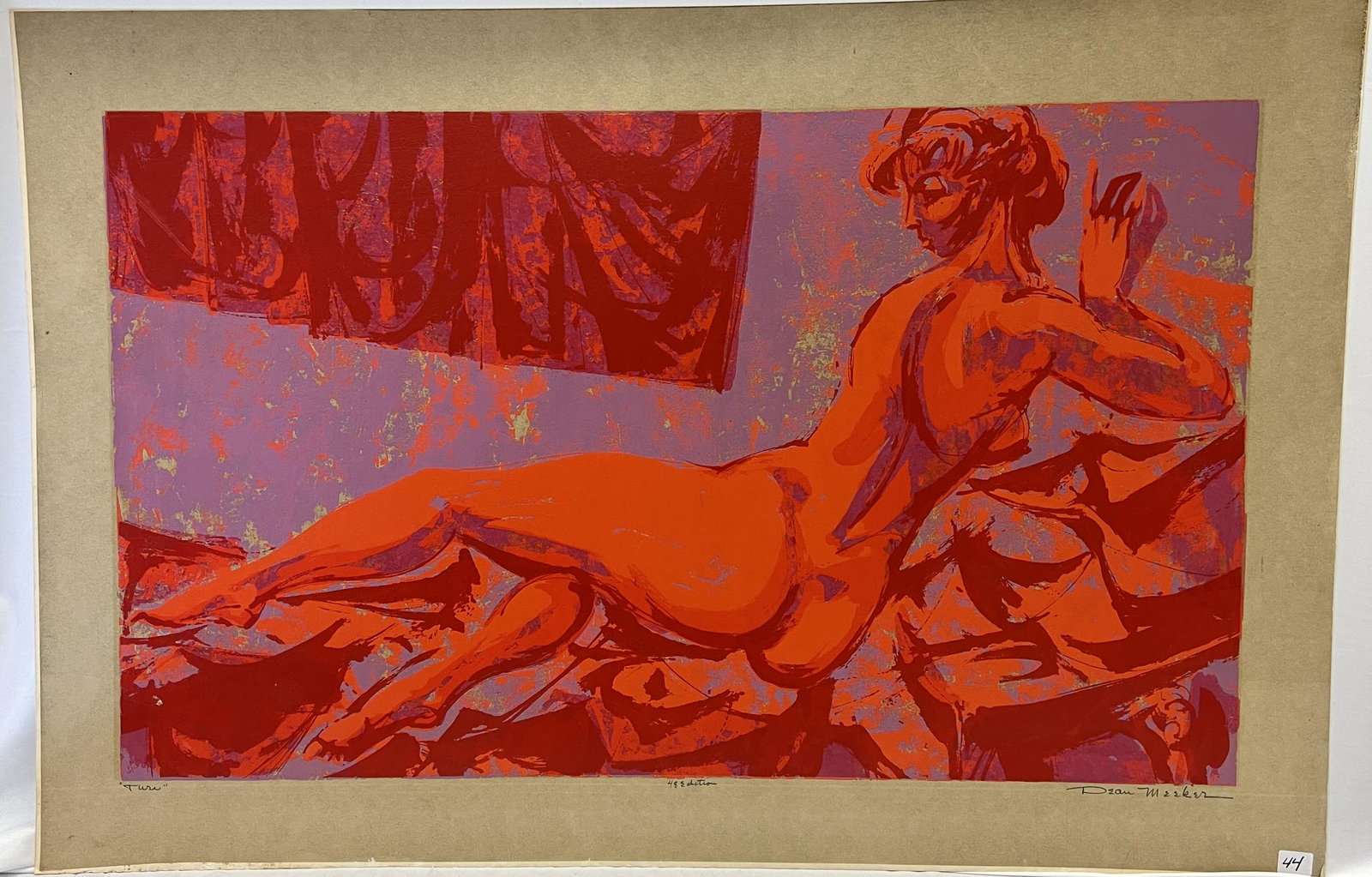 Dean Meeker 1960's Intaglio Nude: This signed 1960's unframed intaglio is by internationally renowned Wisconsin printmaker and sculptor Dean Meeker (1920-2002). it is titled "Turi" and depicts a reclining nude woman in reds, oranges,