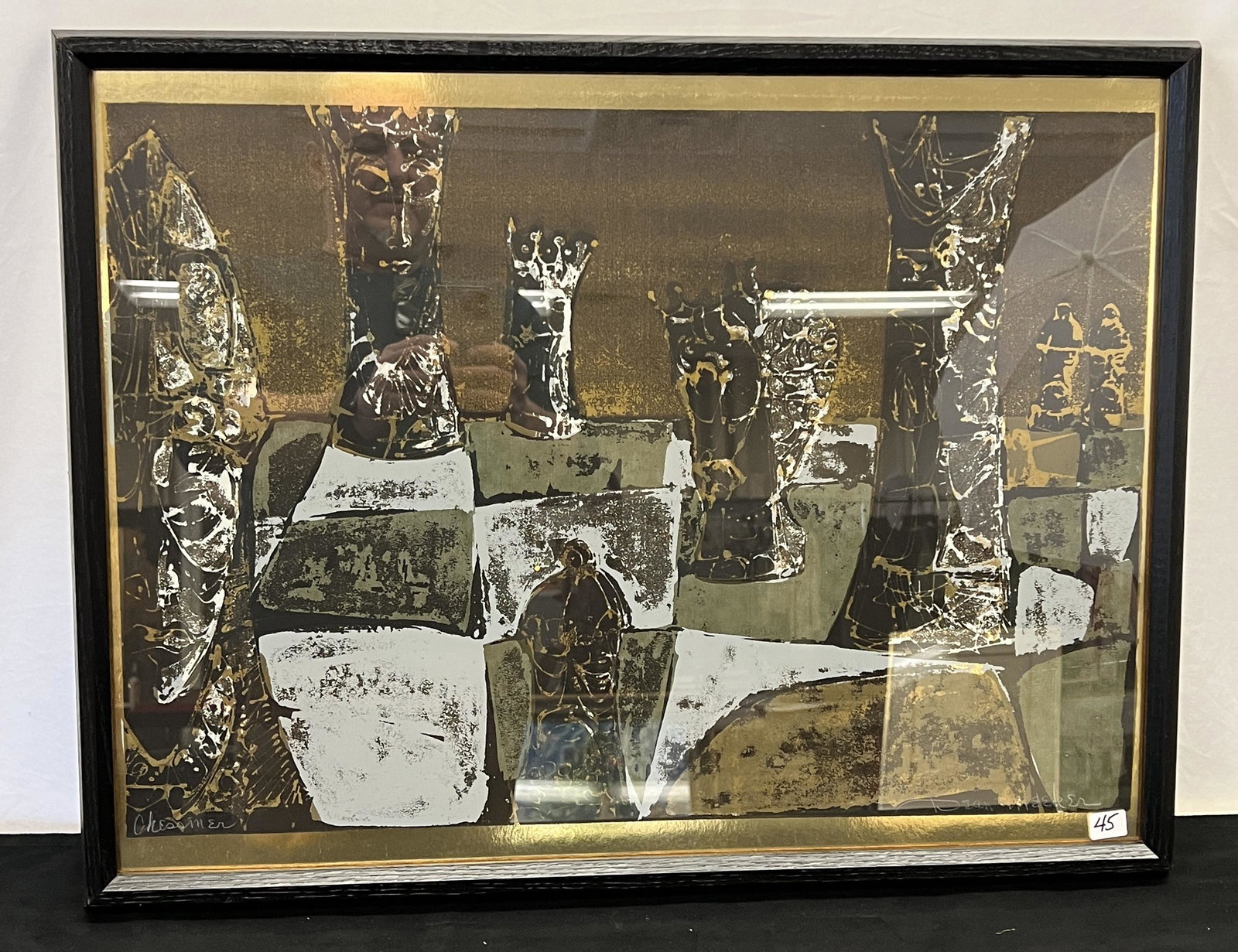 Dean Meeker 1960's Surealist Intaglio: Ths quality framed signed 1960's Surrealist intaglio on metalic gold paper is by internationally renowned Wisconsin printmaker and sculptor Dean Meeker (1920-2002). It depicts large chess pieces and m