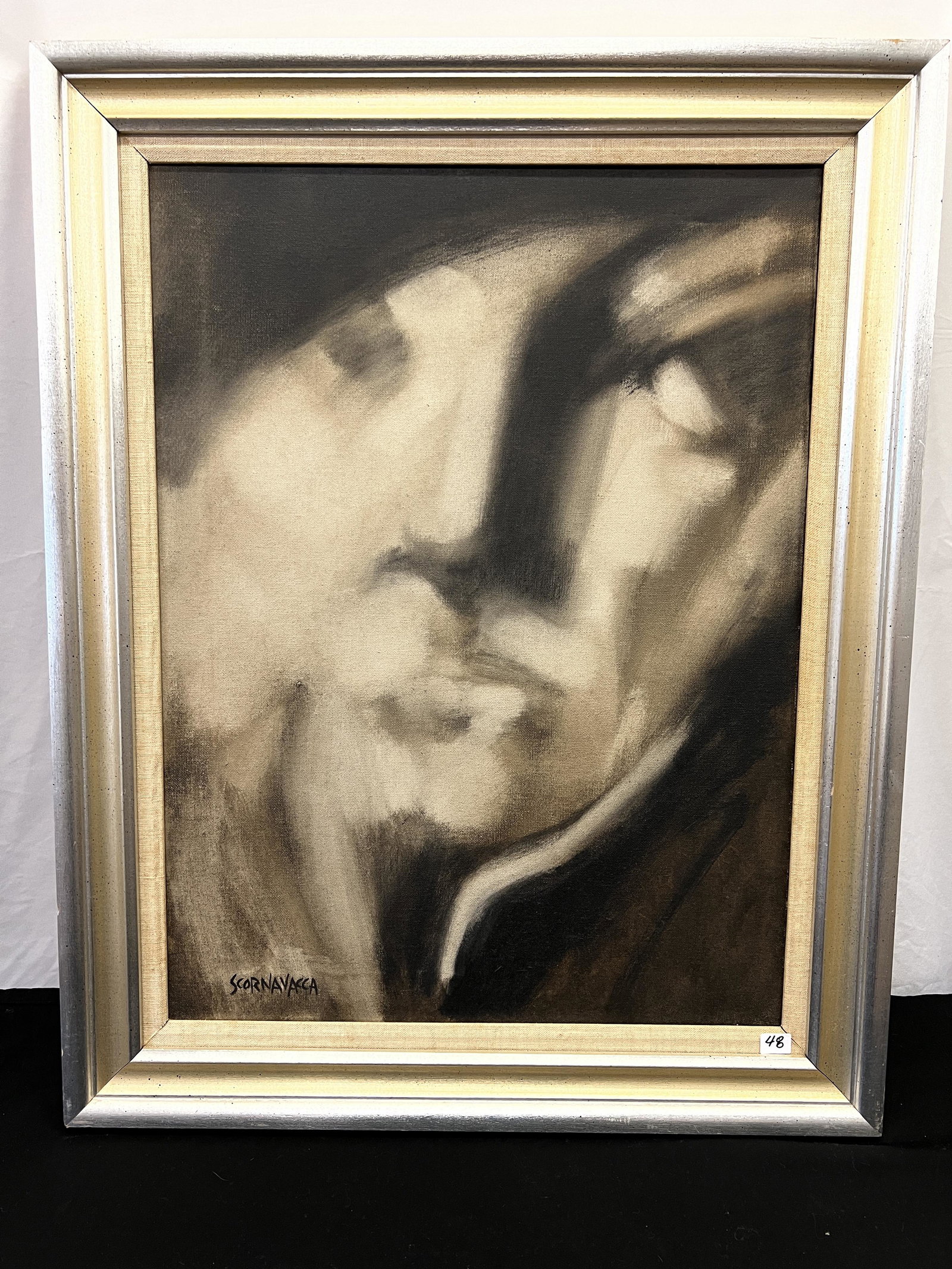 Anthony Scornavacca Oil on Canvas: This quality framed 1970's Expressionist oil on canvas is by listed East Coast artist Anthony Scornavacca (1926-1986). It depicts an atmospheric portrait in greys and blacks. It measures 29" tall X 23
