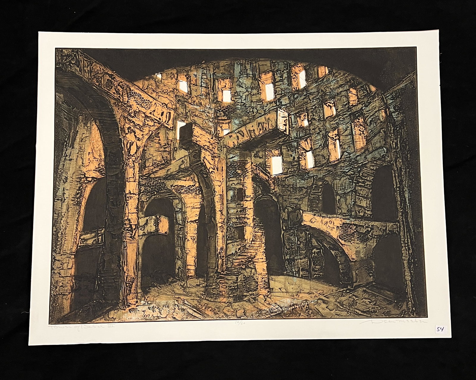 Dean Meeker Intaglio of Tower of Babel: This 1960's intaglio is by internationally renowned Wisconsin printmaker and sculptor Dean Meeker (1920-2002). It is titled "Tower of Babel lll"depicts part of the architectural structure. It measures