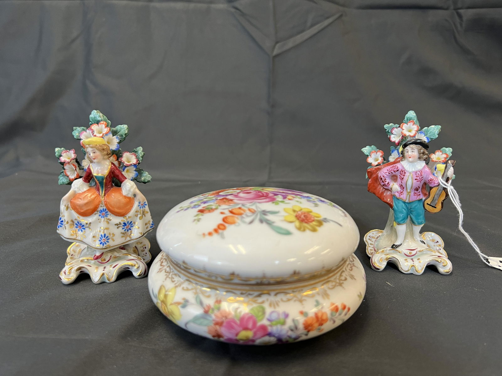 Pair of Figures and Covered Dresden Signed Powder Jar (1 of 12)