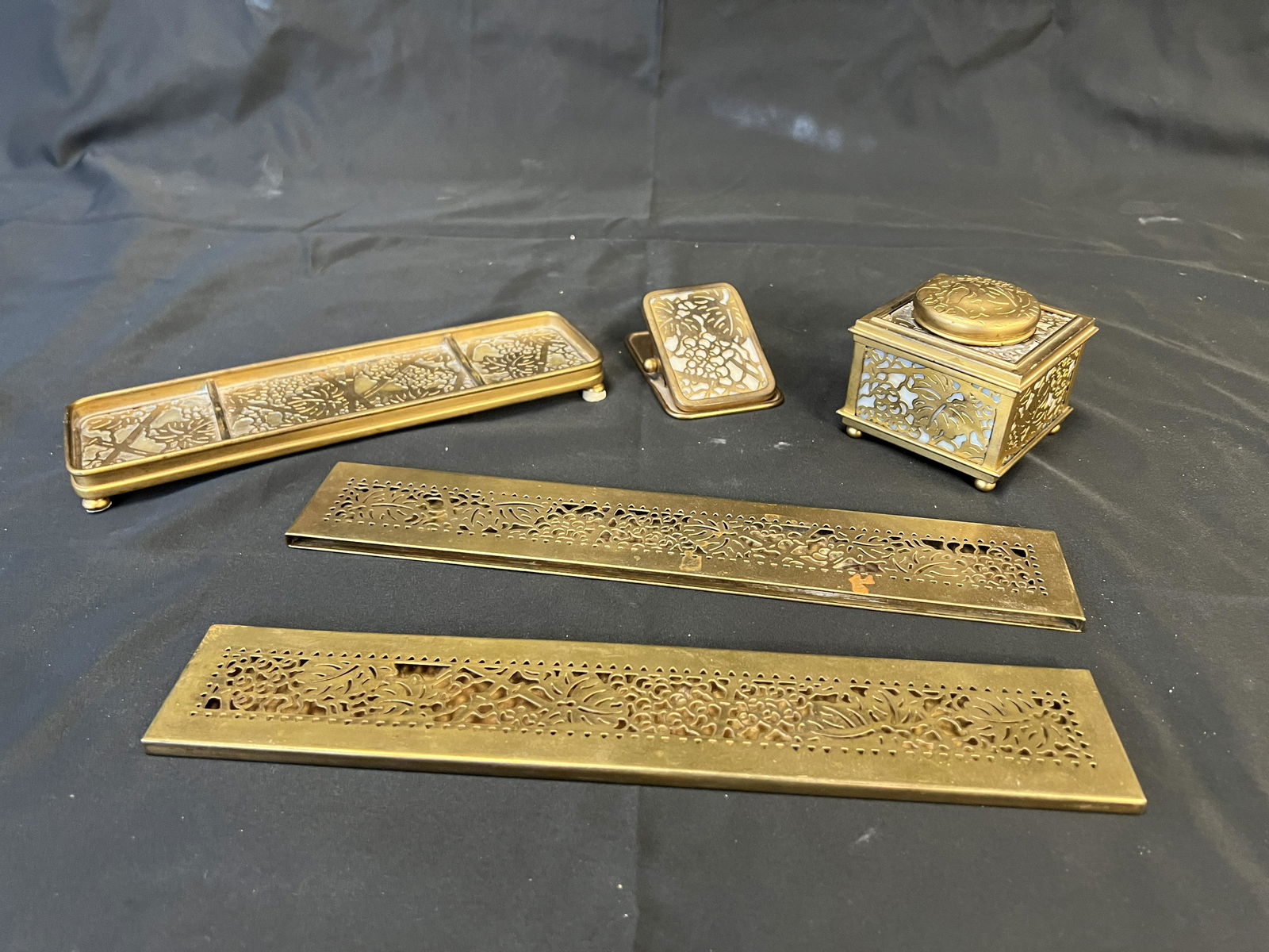 Tiffany Studios Bronze and Favrile Grape Leaf 5-Piece Desk Set (1 of 14)