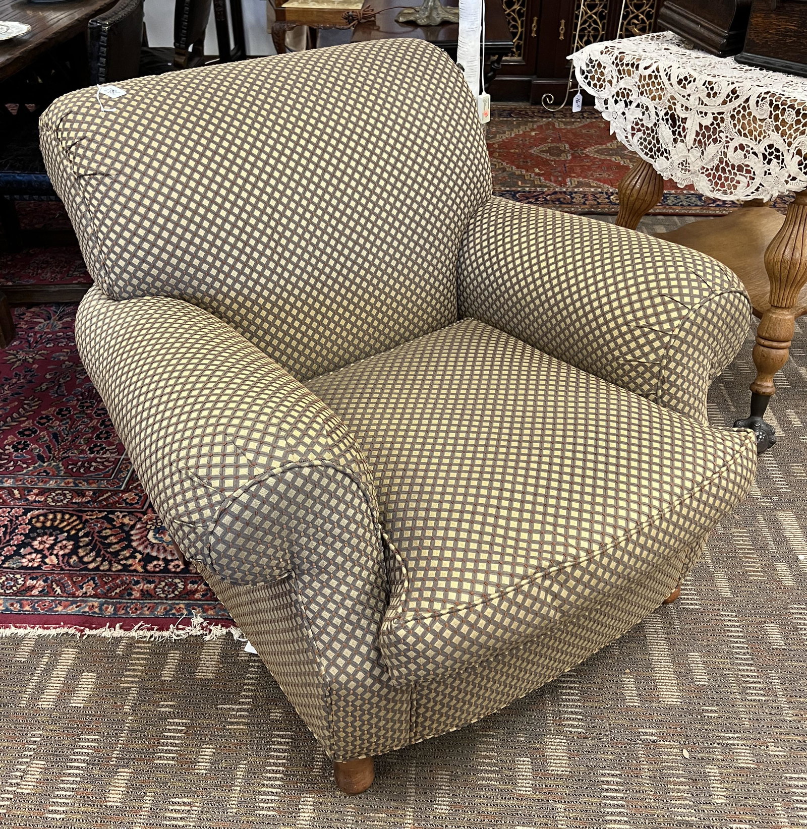 Milling Road Large Rolled-Arm Club Chair: A large rolled-arm club chair by Milling Road, a division of Baker Furniture in a brown & cream checkered fabric in excellent condition. This chair measures 33.5" tall X 40" across X 40" deep.