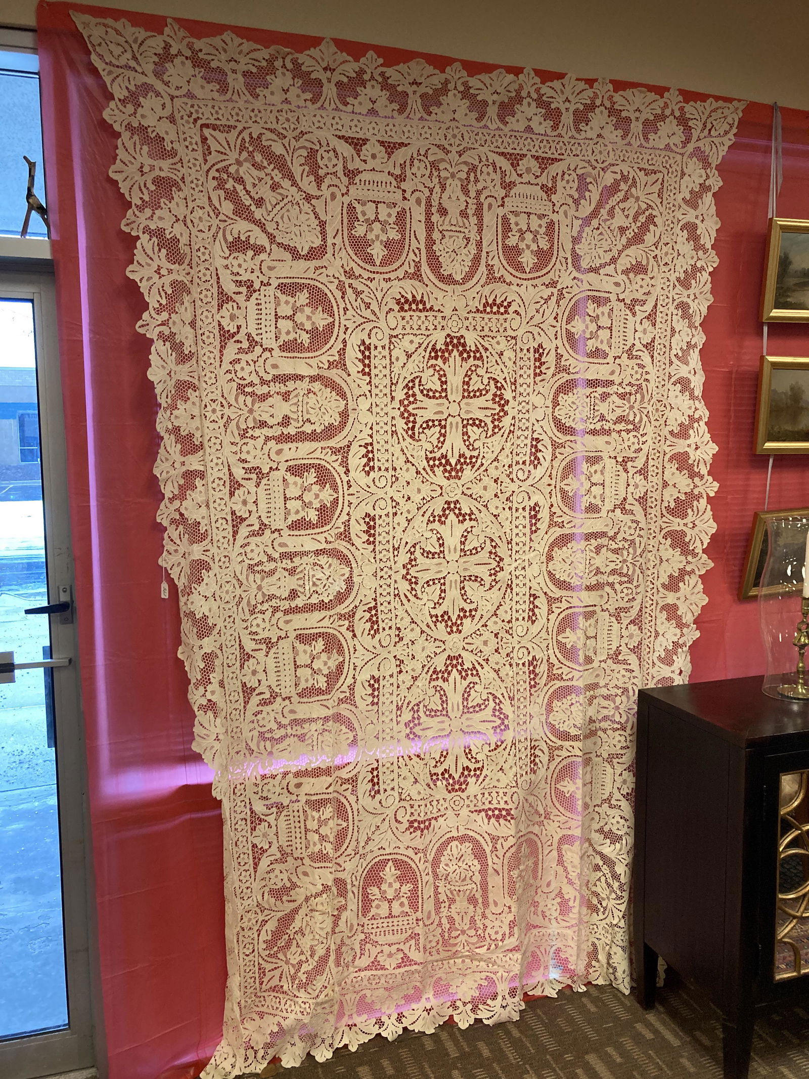 Oversize Dining Room Tablecloth w/ Open-Work: An oversized dining room tablecloth with open-work and flower baskets. The workmanship is absolutely amazing in this oversized tablecloth. It measures 106" tall X 67" across.