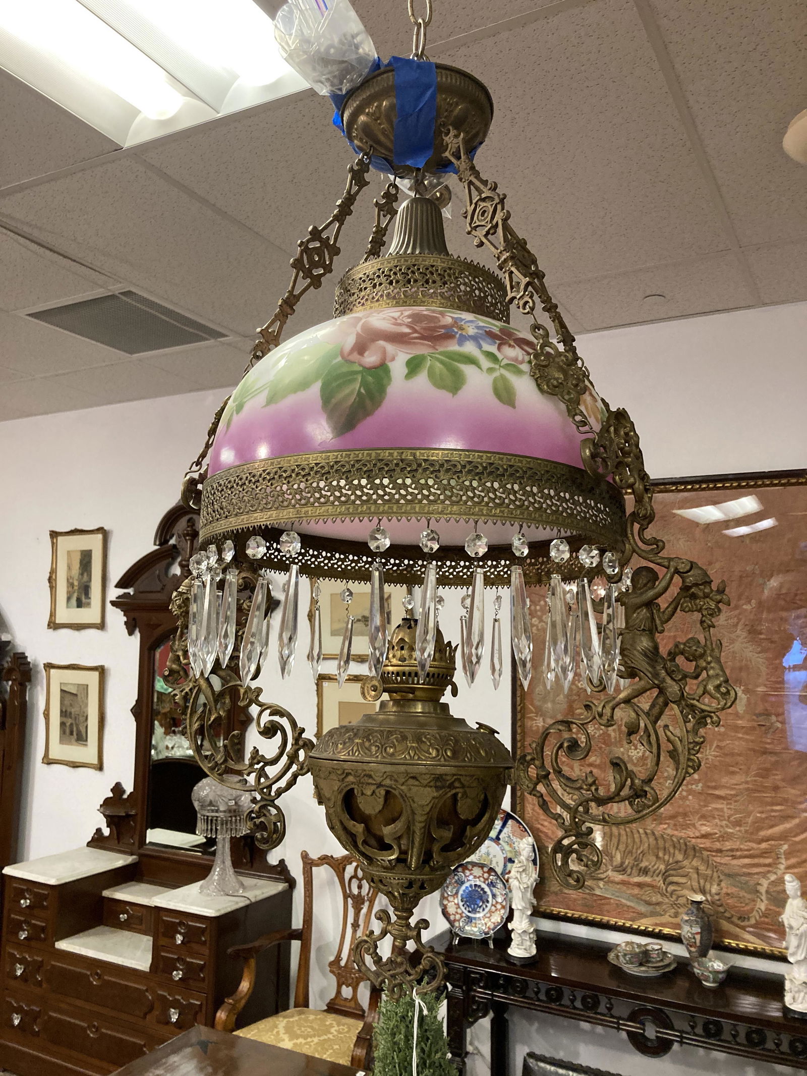 Elaborate English Cast Iron Oil Chandelier (1 of 8)