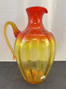 Blenko MCM Large Amberina Pitcher: This large hand blown Mid Century amberina pitcher is by the Blenko Glass Company. It measures 13" tall X 10" across X 8" wide.