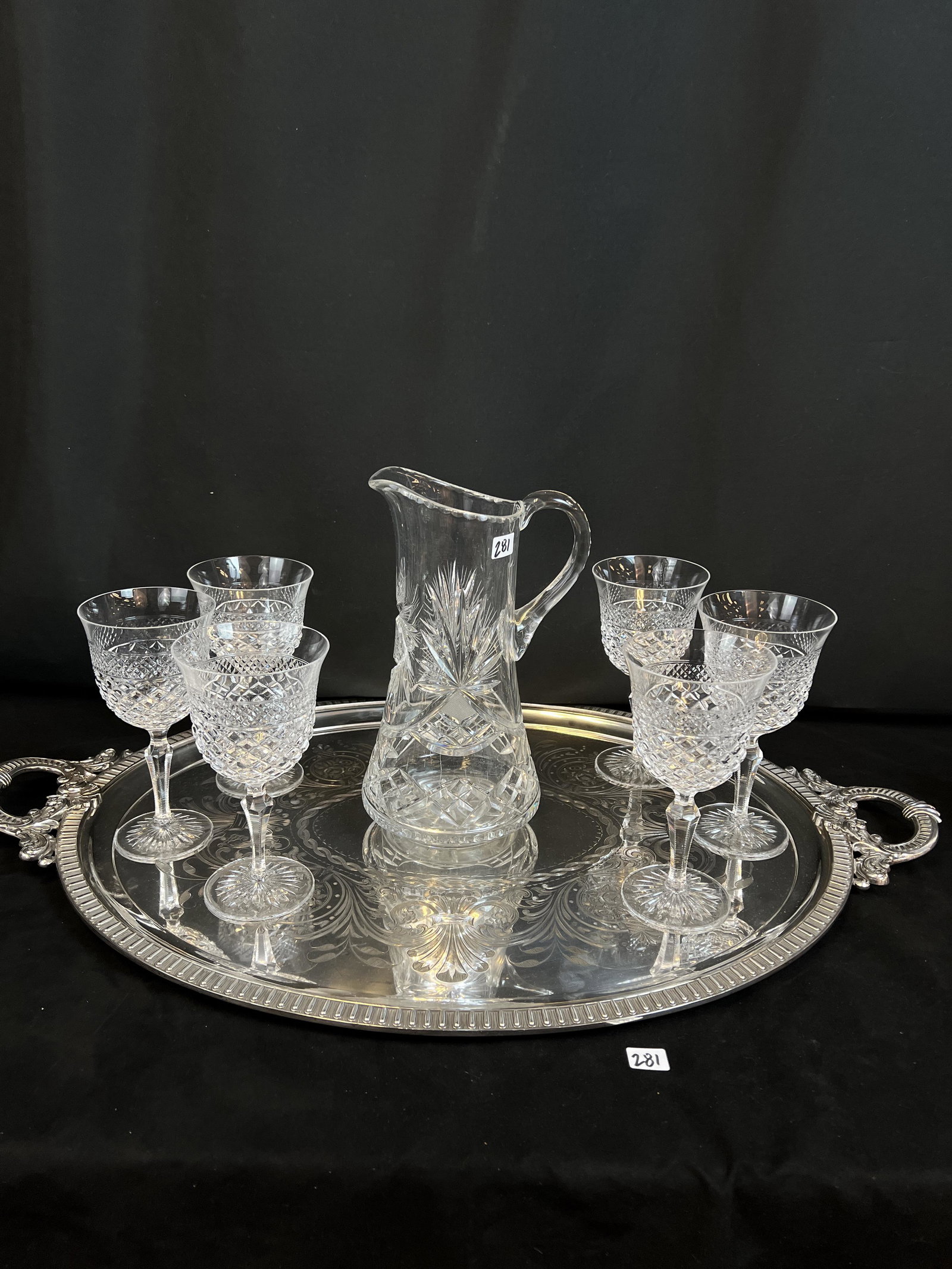 Large Silver Plate Serving Tray with Cut Crystal Pitcher and Stemware (1 of 9)