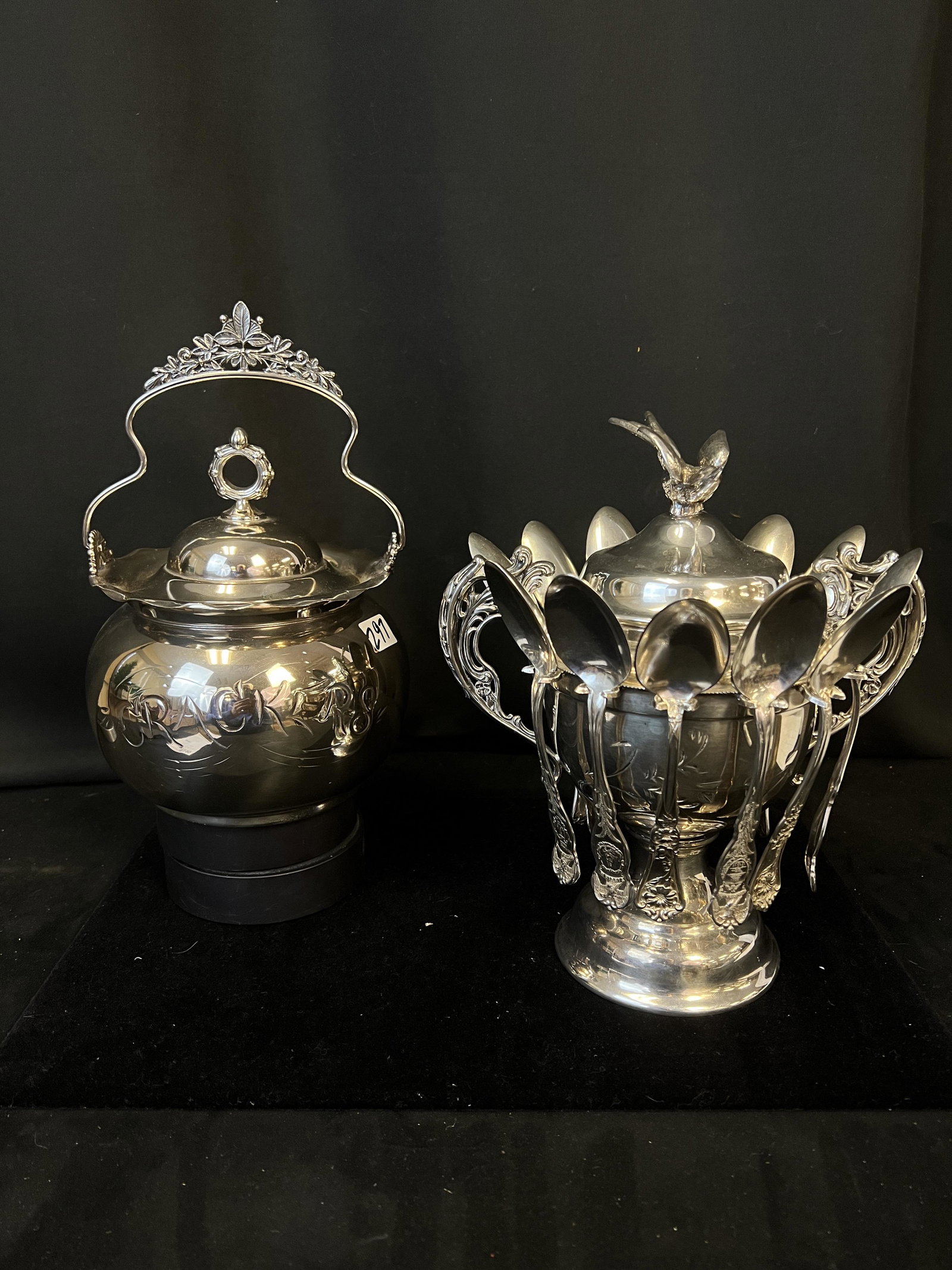 A Silver-Plate Covered Biscuit Jar with Handle Along with a Covered Spooner with Spoons (1 of 16)