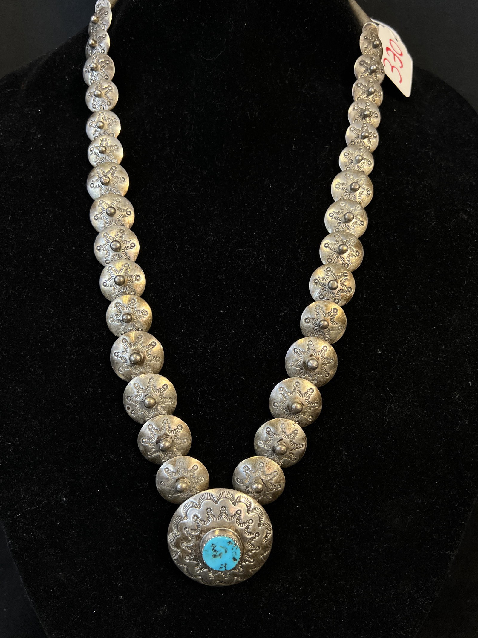 Navajo Turquoise and Sterling Graduated Pillow Bead Necklace Signed (1 of 5)