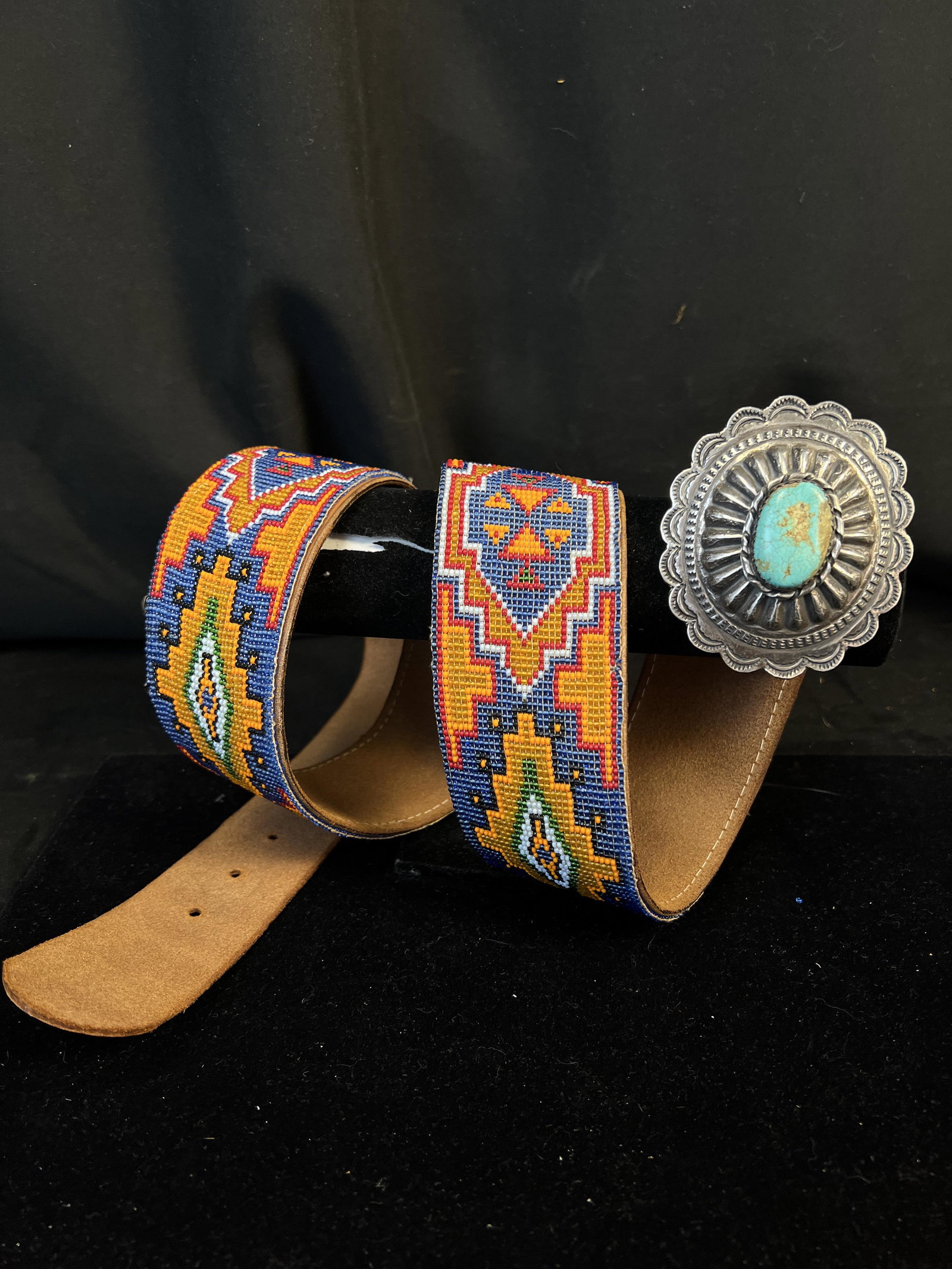 Outstanding Navajo Sterling, Turquoise and Beaded Leather Belt (1 of 8)