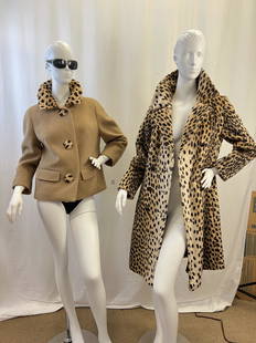 1960's Faux Leopard Coat and Jacket: This 1960's group includes a T. A. Chapman Milwaukee double breasted knee length faux leopard fur coat (B 36, H 42), and a tan wool single breasted cropped jacket with Leopard print buttons and leopar