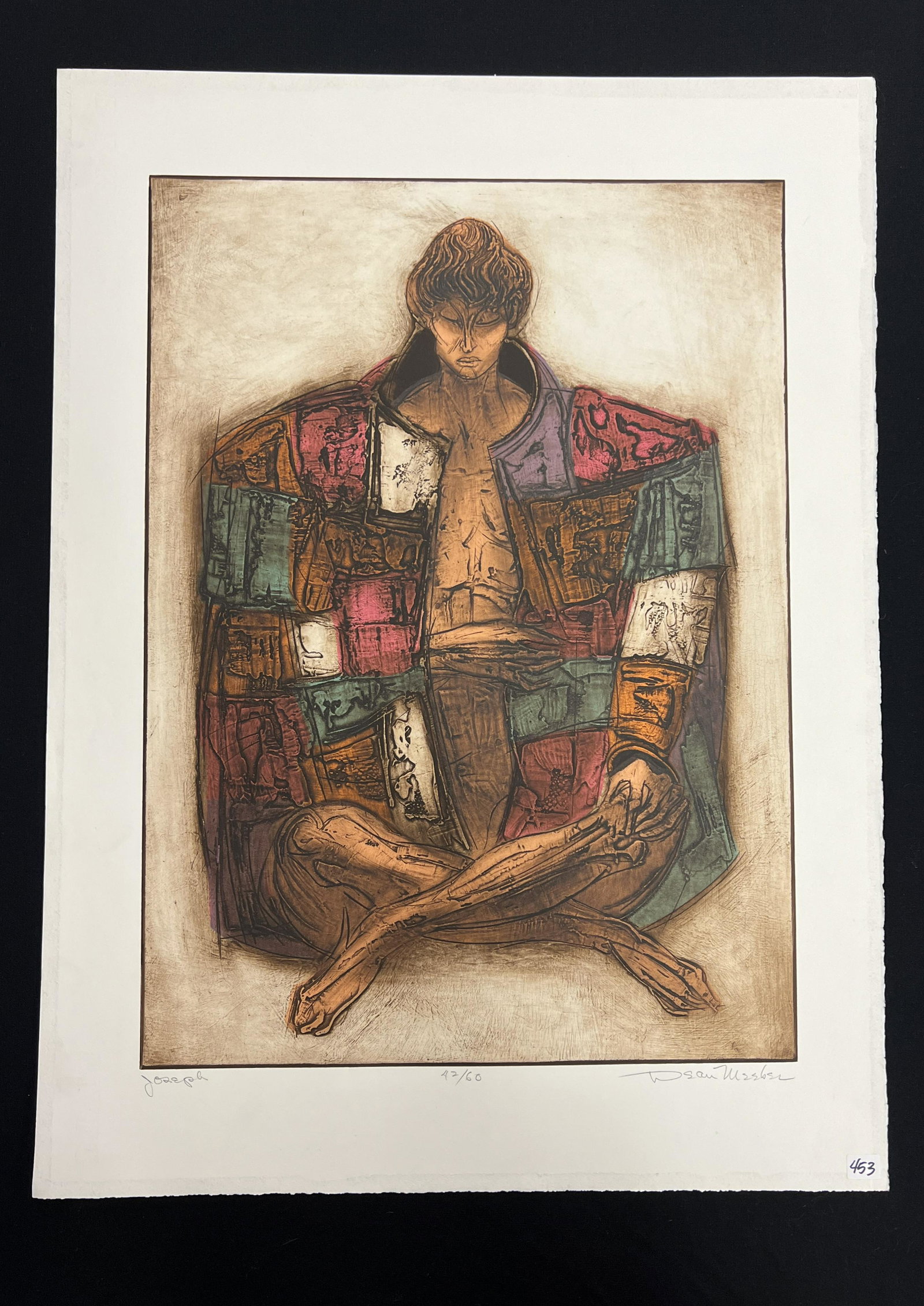 Dean Meeker Intaglio of Biblical Joseph: This 1960's polymer intaglio is by internationally renowned Wisconsin printmaker and sculptor Dean Meeker (1920-2002). It is titled "Joseph" and depicts the biblical Joseph in his coat of many colors.