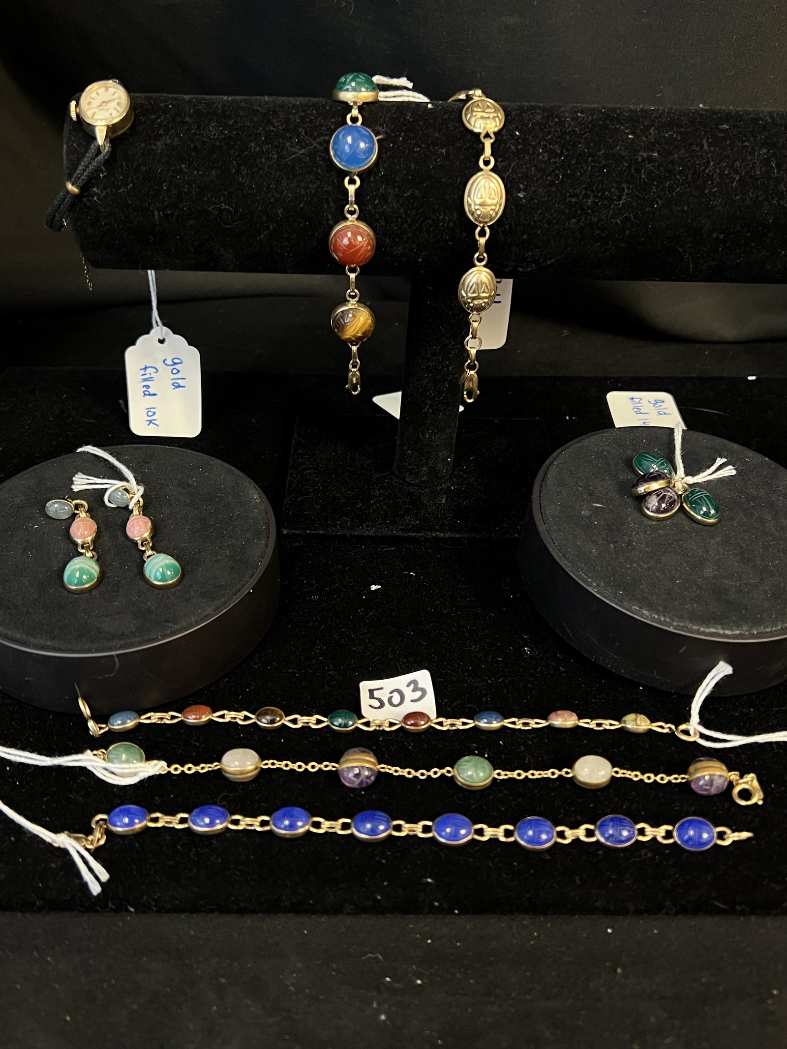 Group of Gold Filled and Stone Scarab Jewelry Along With Watch (1 of 12)