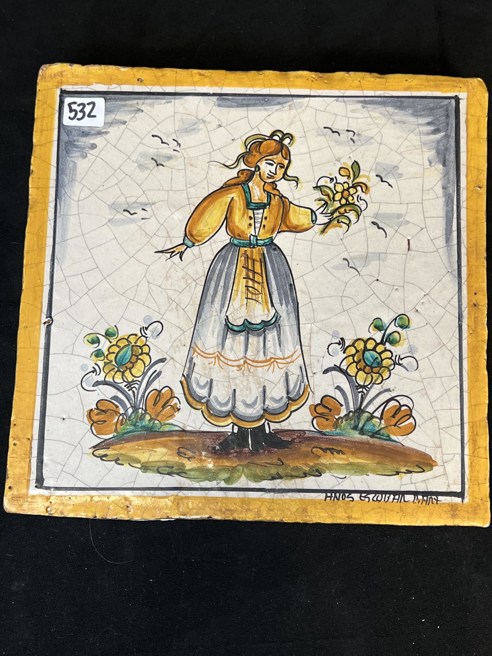 Large Artist-Signed Quimper-Style Tile (1 of 5)