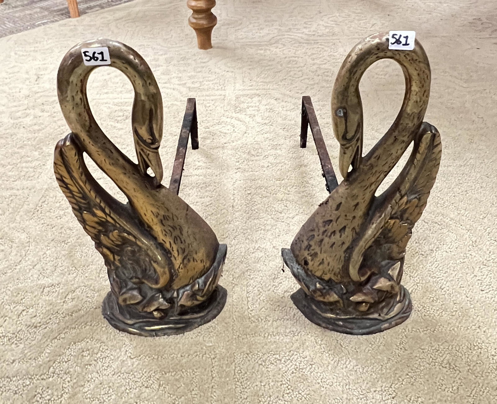 Pair of Bronze Swan Andirons: A pair of bronze swan fireplace andirons.