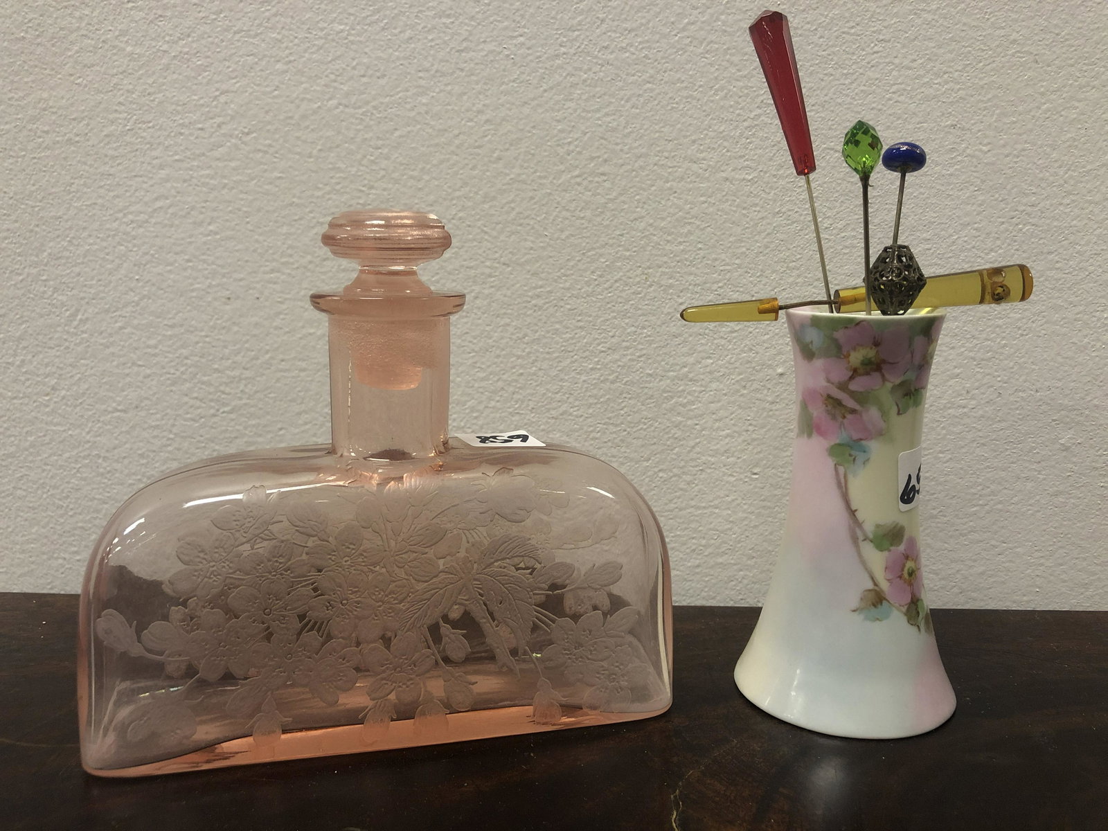 Pink Floral Perfume Bottle, Hatpins & Holder (1 of 6)