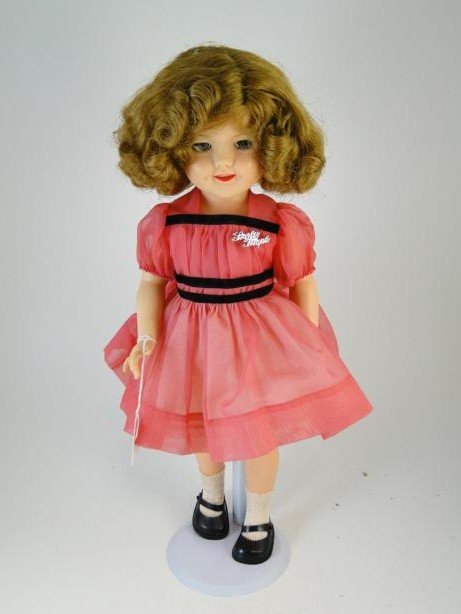 Medium size, plastic Ideal Shirley Temple doll in r: Medium size, plastic Ideal Shirley Temple doll in red birthday outfit