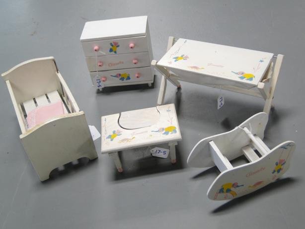 Group of Ginnette doll furniture in include: dress: Group of Ginnette doll furniture in include: dresser, rocker, bassinette, high chair and bed