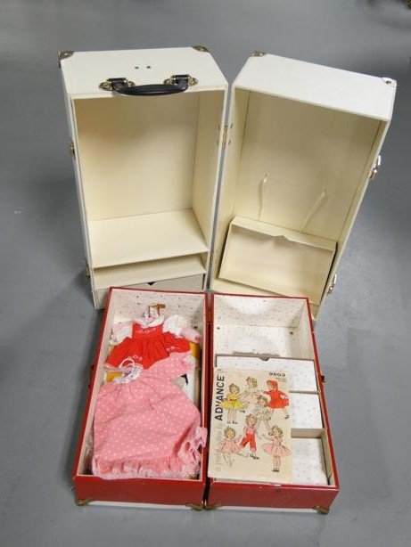 Two doll trunks, one is filled with accessories: Two doll trunks, one is filled with accessories