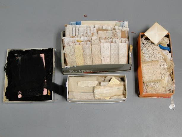 Four boxes of antique lace trim: Four boxes of antique lace trim