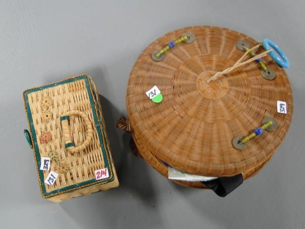Two Oriental sewing basket with contents in one: Two Oriental sewing basket with contents in one