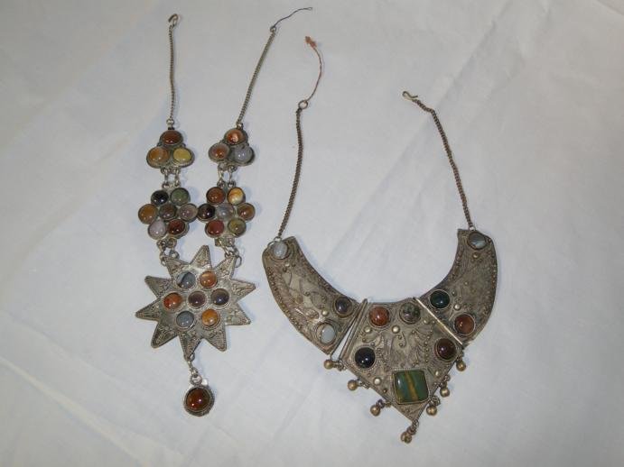 Pair of two silver Middle Eastern necklaces with s: Pair of two silver Middle Eastern necklaces with semiprecious stones