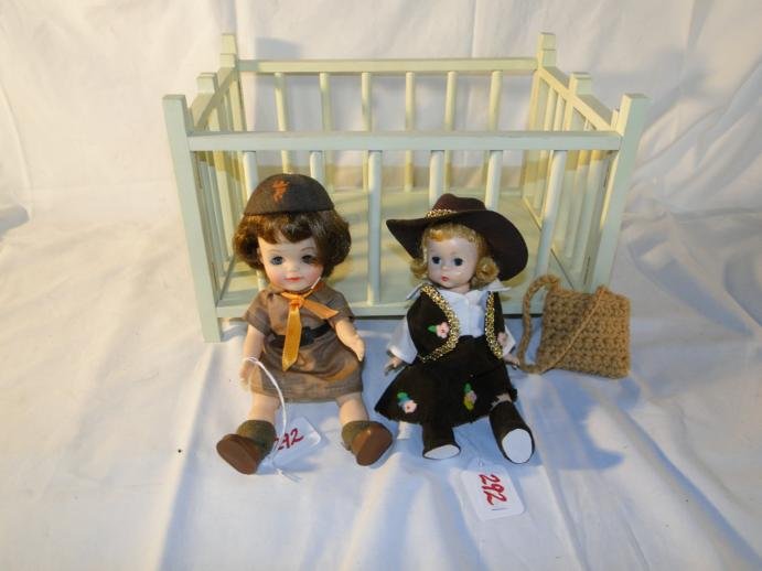 Two mini dolls to include one Effanbee with wood b: Two mini dolls to include one Effanbee with wood baby bed