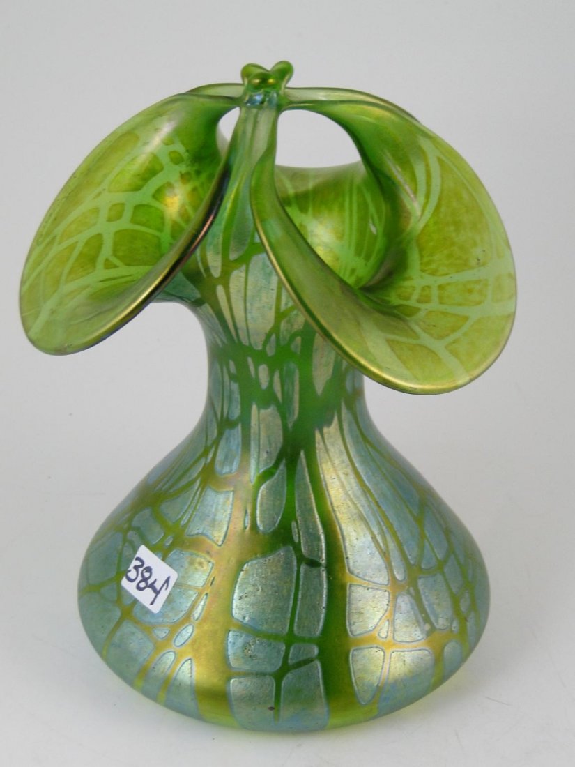 Unusual green loetz art glass vase. Estimate $250: Unusual green loetz art glass vase. Estimate $250-$350