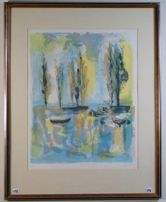 Hand colored lithograph, pencil signed by Jean Mar: Hand colored lithograph, pencil signed by Jean Marzelle 15/275 with documentation on back, 29" x 23". Estimate $150-$250