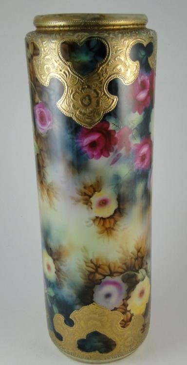 Signed Nippon rose painted and gold beaded vase in: Signed Nippon rose painted and gold beaded vase in good condition, 16". Estimate $150-$250