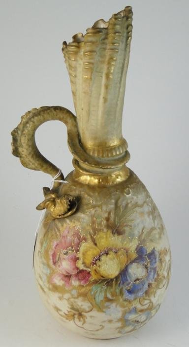 Victorian Turn-Teplitz-Bohemia made in Austria, th: Victorian Turn-Teplitz-Bohemia made in Austria, this high style vase has a dragon handle with elaborate gold trim with floral decorations in good condition 14". Estimate $550-$650