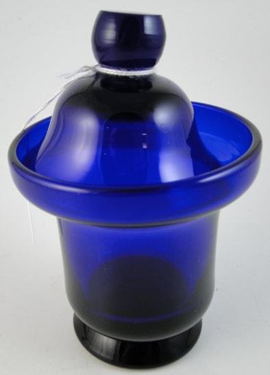 A cobalt crystal, signed Webb, covered jam pot. E: A cobalt crystal, signed Webb, covered jam pot. Estimate $80-$90
