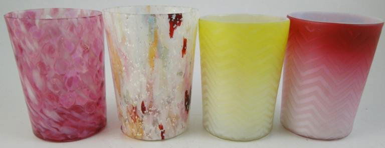 4 Victorian art glass tumblers to include: a cran: 4 Victorian art glass tumblers to include: a cranberry opalescent end-of-day, multi-colored end-of-day with silver fleck, acid cut back yellow satin glass, and acid cut back pink satin glass. Estimate