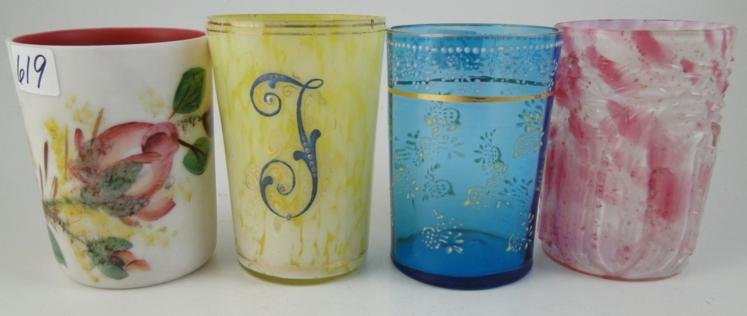 4 Victorian art glass tumblers to include: a hand: 4 Victorian art glass tumblers to include: a hand painted case glass, molded cranberry end-of-day, yellow opalescent with an enameled "F", and a blue floral enamel. Estimate $100-$125
