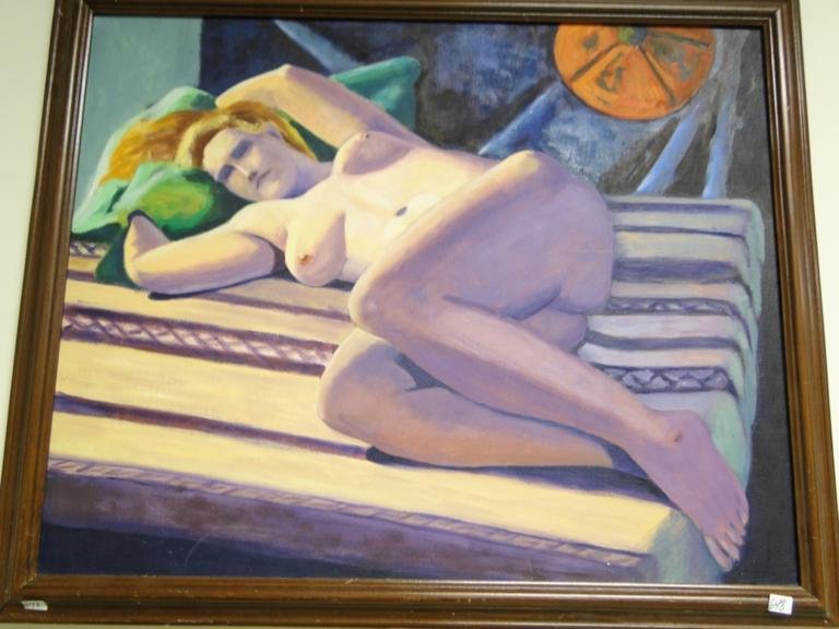 Oil on canvas of a nude done in the 1960's, signed: Oil on canvas of a nude done in the 1960's, signed on the back Bert McNamara, framed 27-1/2" x 33". Estimate $60-$70