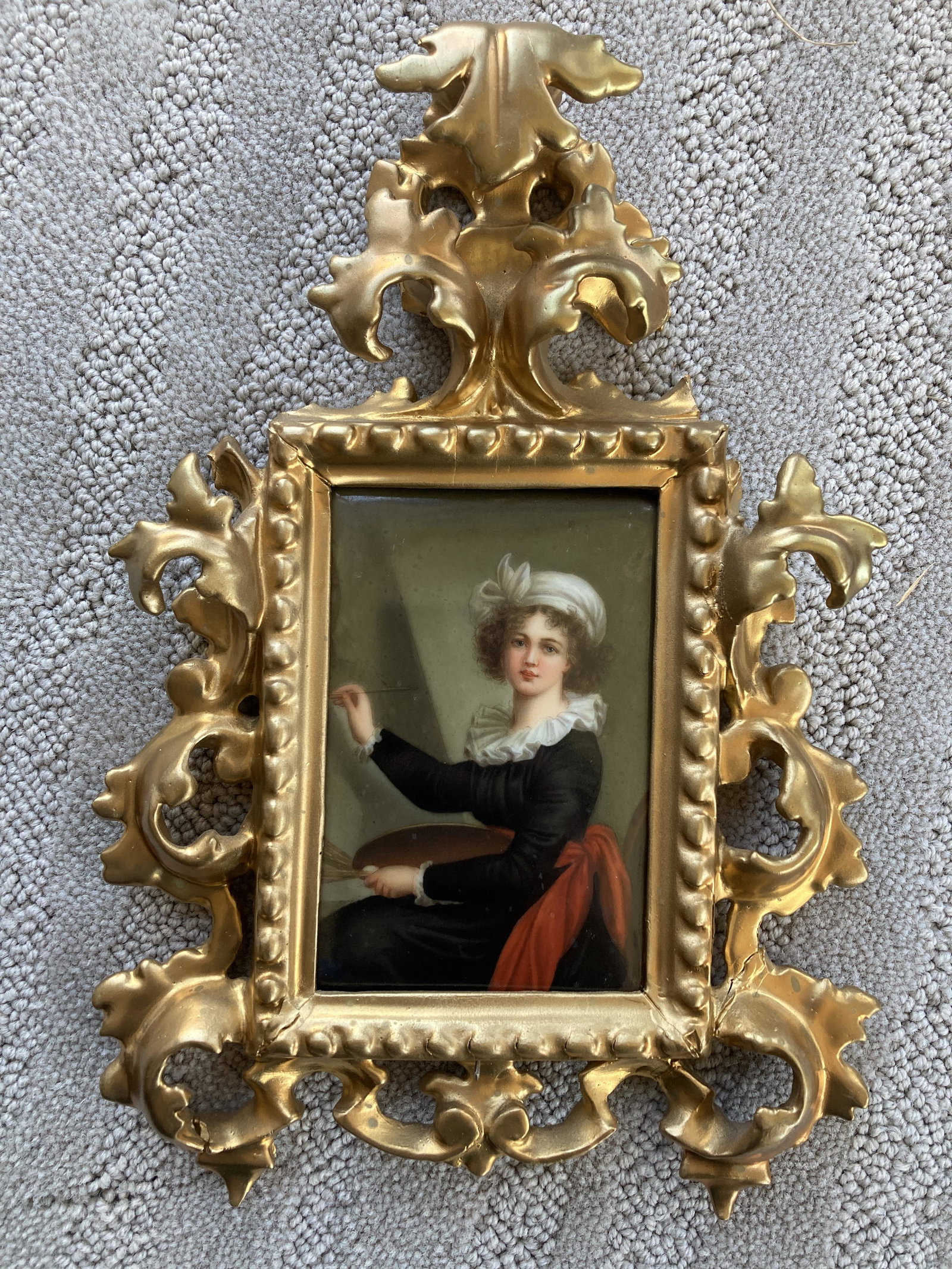 KPM Porcelain Plaque of Elizabeth Vigee Le Brun: A KPM porcelain plaque with several stickers and signed in red with Fleur-de-Lis and "Firenze". This portrait on porcelain circa 1878 is of Elizabeth Vigee Le Brun with a palette & paint, fancy hat, a