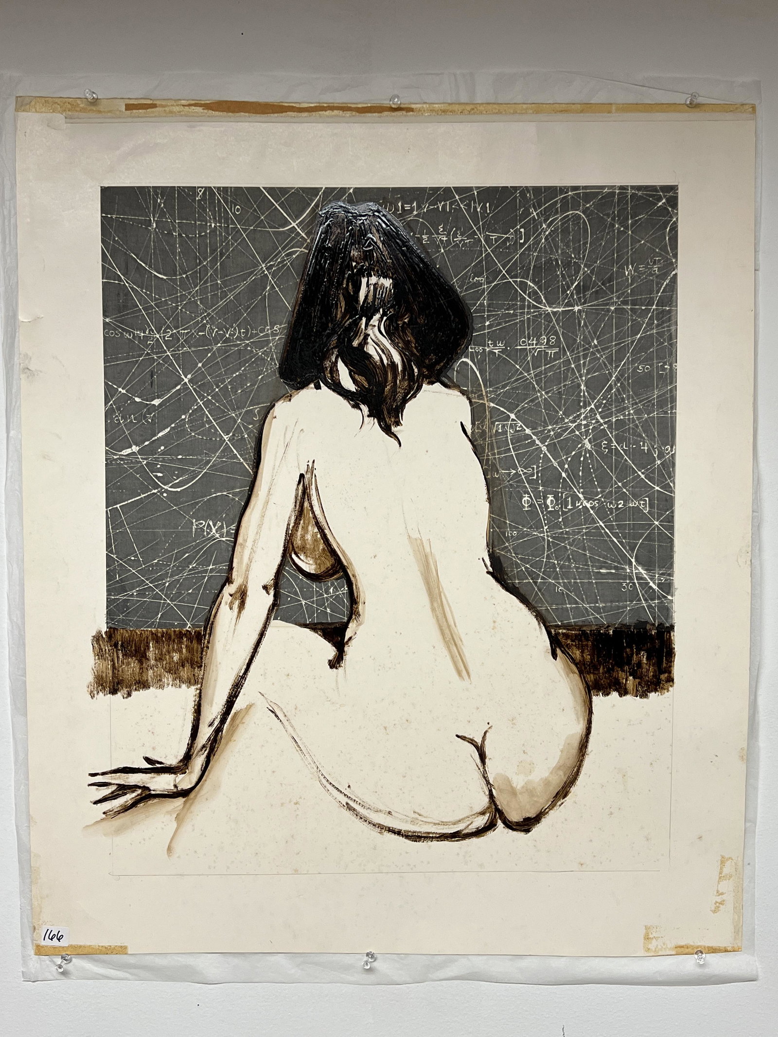 Dean Meeker Multi Media Painting: This multi media artwork on paper is by internationally renowned Wisconsin printmaker and sculptor Dean Meeker (1920-2002). It measures 27" tall X 23" across. It depicts the hand painted back of a nud