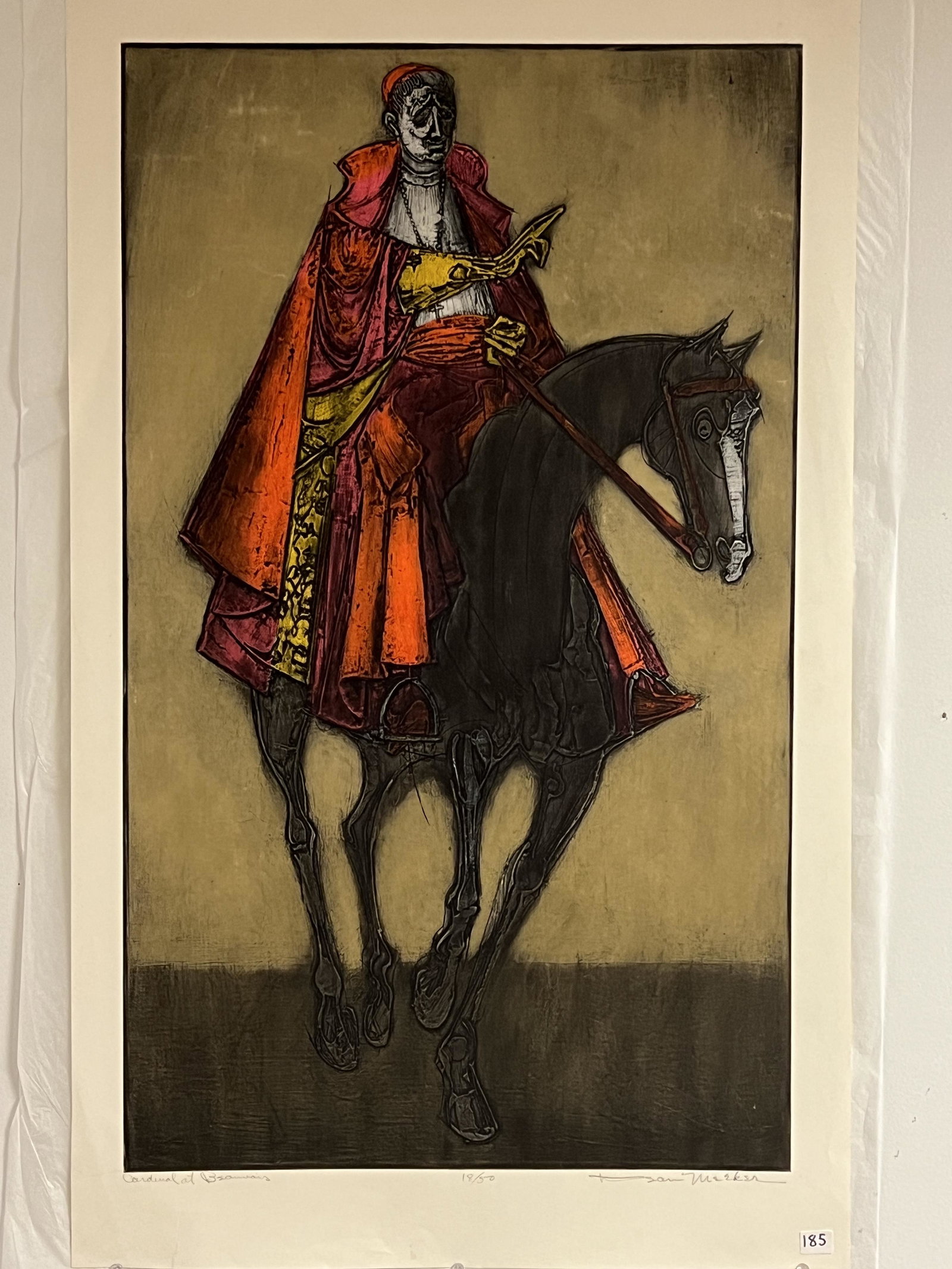 Dean Meeker Intaglio of Cardinal at Beauvais: This 1960's intaglio is by internationally renowned Wisconsin printmaker and sculptor Dean Meeker (1920-2002). It measures 33.75" tall X 20.75" across. It is titled "Cardinal at Beauvais" and depicts