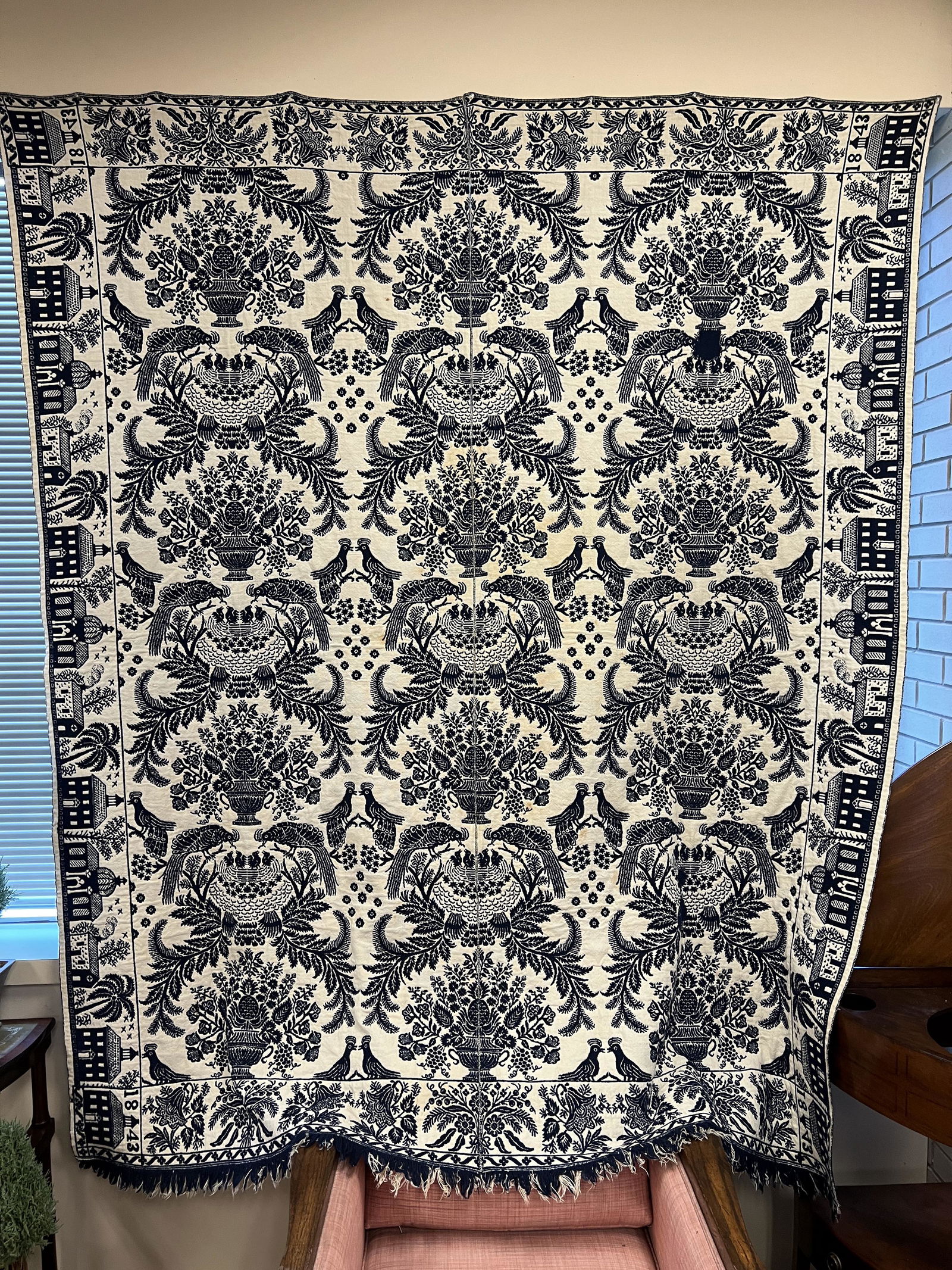 Colonial Jacquard Coverlet Dated 1843 (1 of 6)