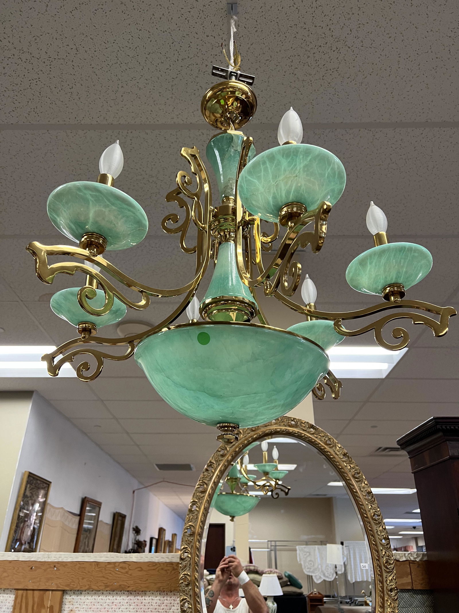 Custom 6-Arm Brass & Green Marble Chandelier (1 of 2)