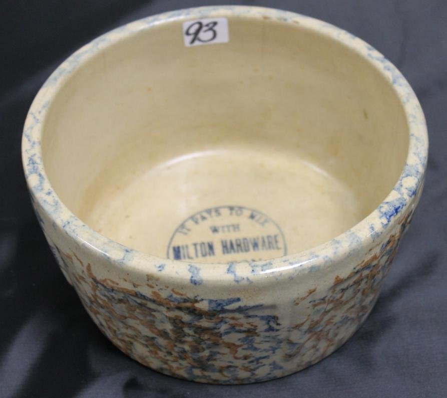 A sponge decorated Red Wing advertising mixing bowl: A sponge decorated Red Wing advertising mixing bowl that reads "It Pays to Mix with Milton Hardware, Milton Wisconsin"
