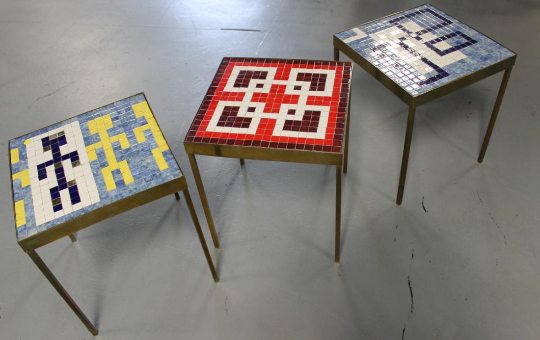 3 mid century modern brass and tile end tables att: 3 mid century modern brass and tile end tables attributed to Nelson. Measures 14in square x 17in tall in good condition out of the estate of Bill and Joyce Robbins