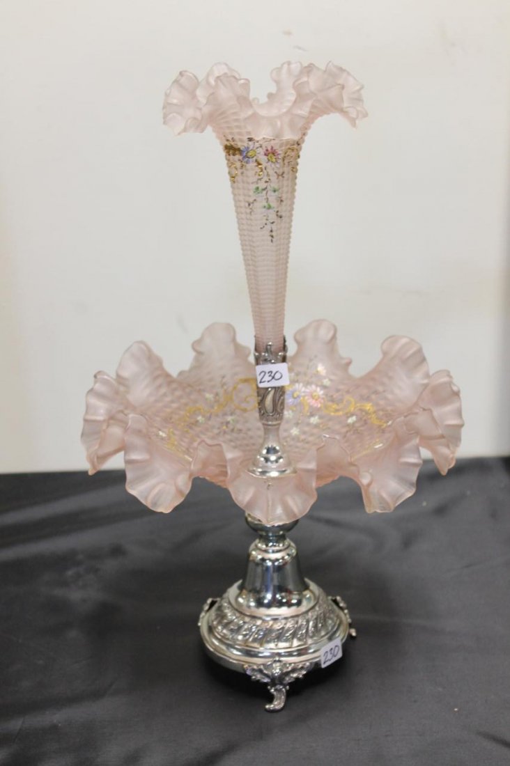 High quality satin glass epergne ruffled edge with: High quality satin glass epergne ruffled edge with two-parts in a silverplate ho