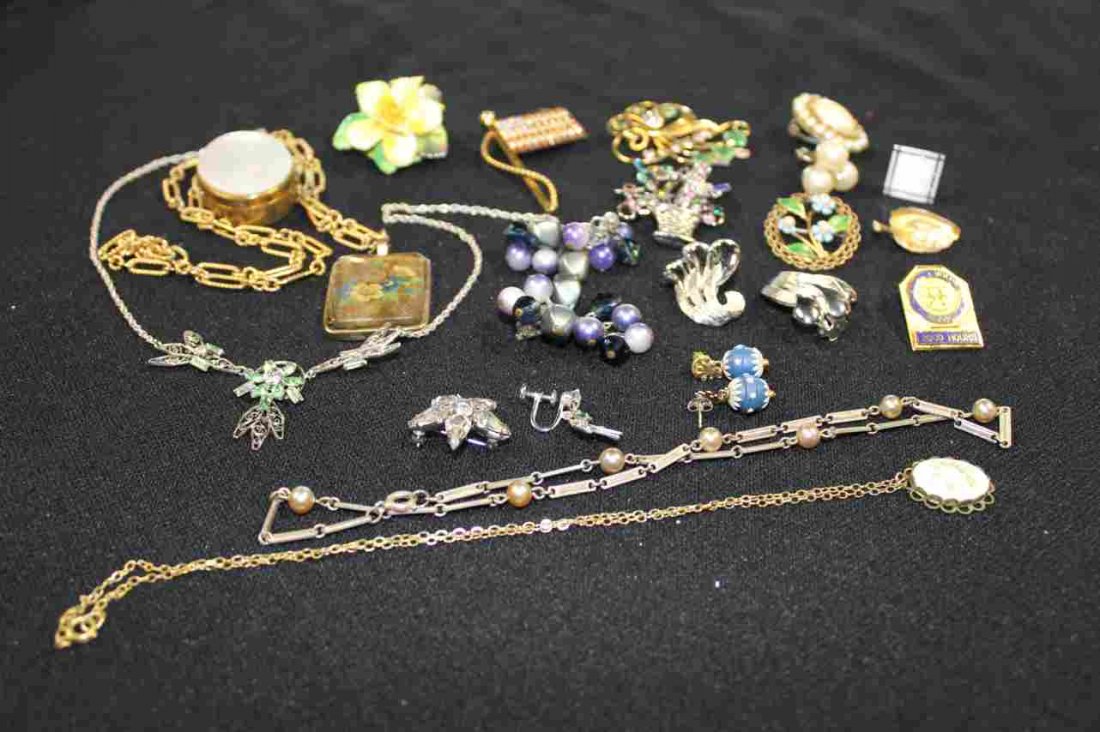 Gold necklaces, rhinestone flag pin, pill box and : Gold necklaces, rhinestone flag pin, pill box and more