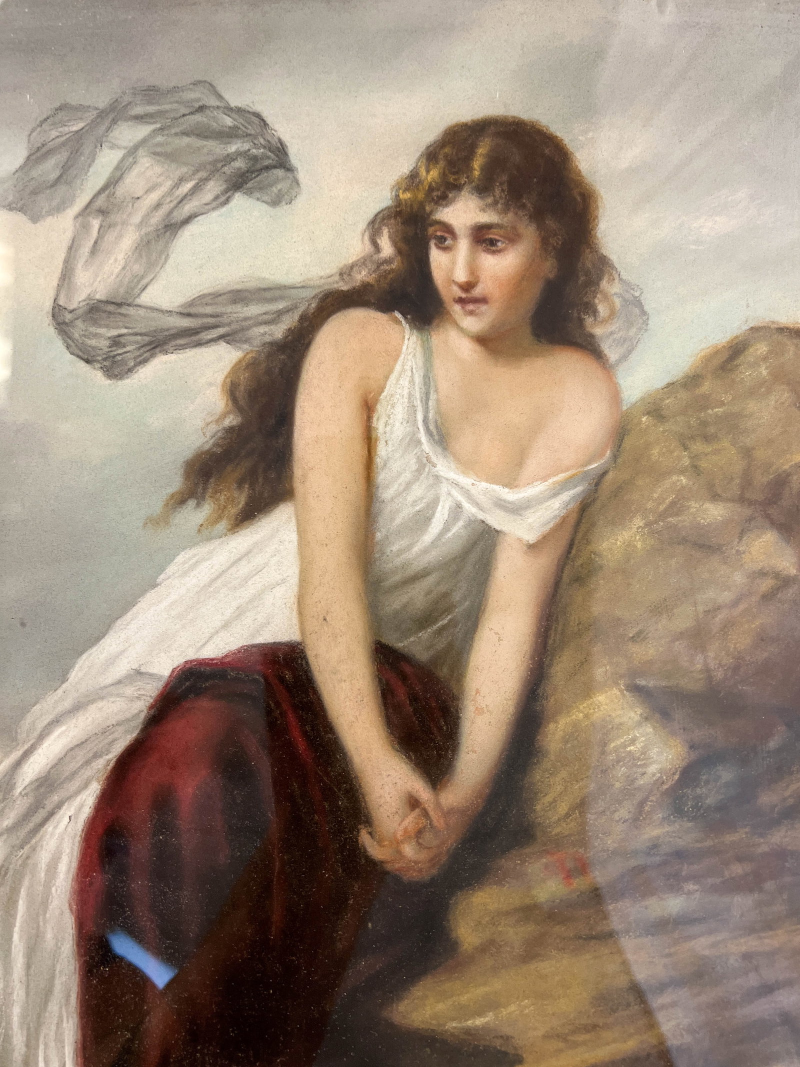 Pastel of a Young Beauty: A fantastic hand done pastel of a young beauty on a windswept beach, turn of the century, the details are quite remarkable. It has some minor losses on frame but it appears to be in its original frame