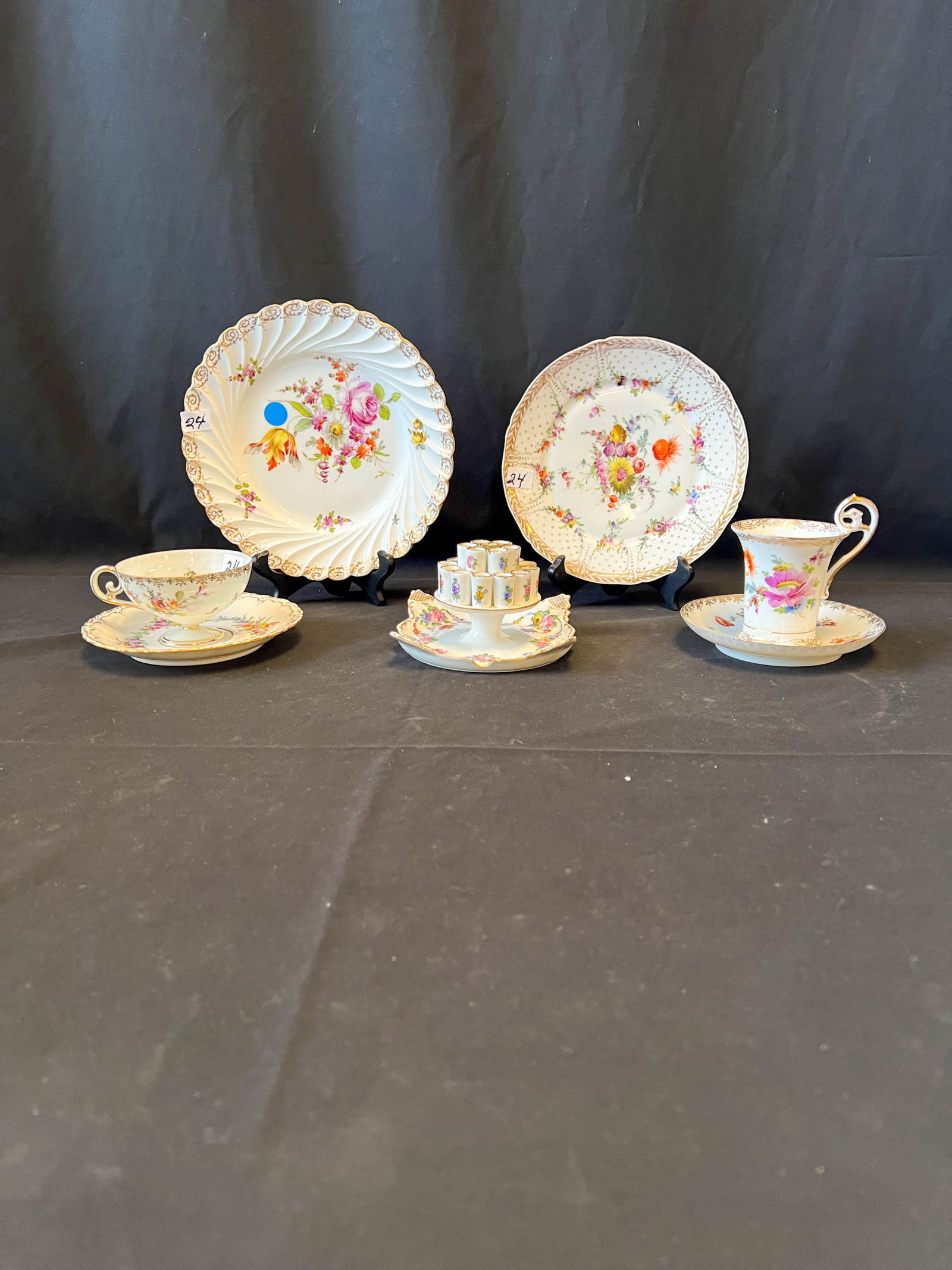 Large group of Dresden China to include cigarette holder with ash tray base and two place settings. (1 of 7)