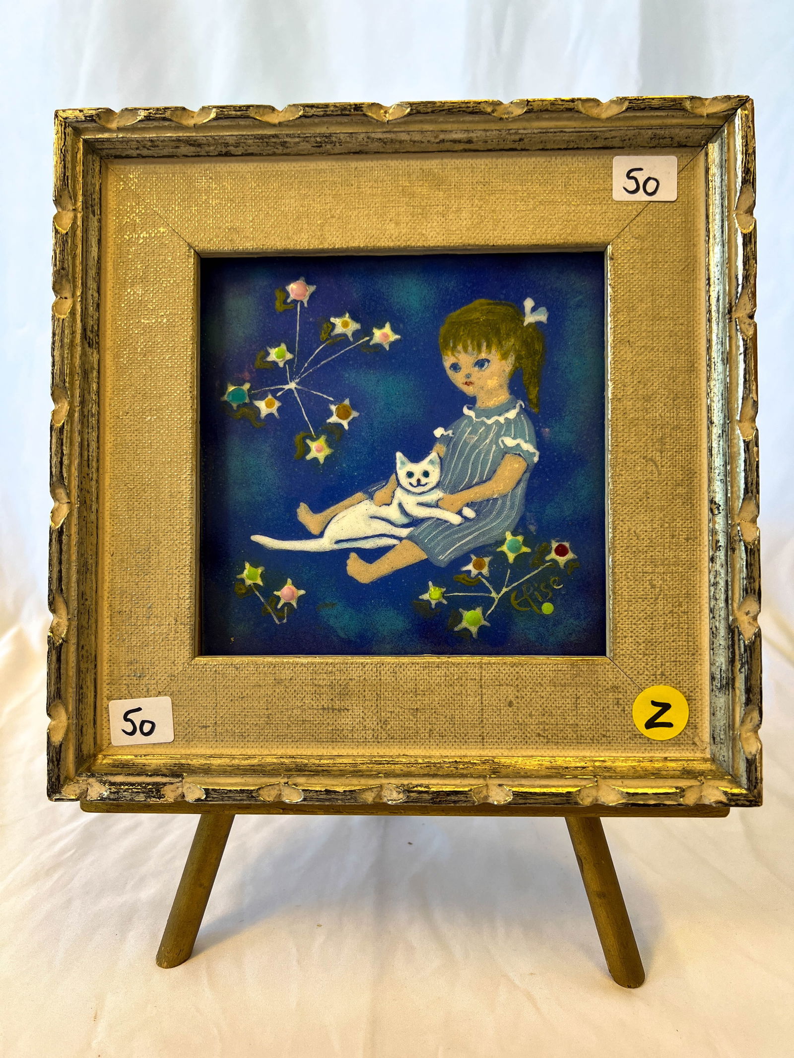 Elise Johann 1950s Framed Enamel on Copper of a Little Girl with Cat. (1 of 5)