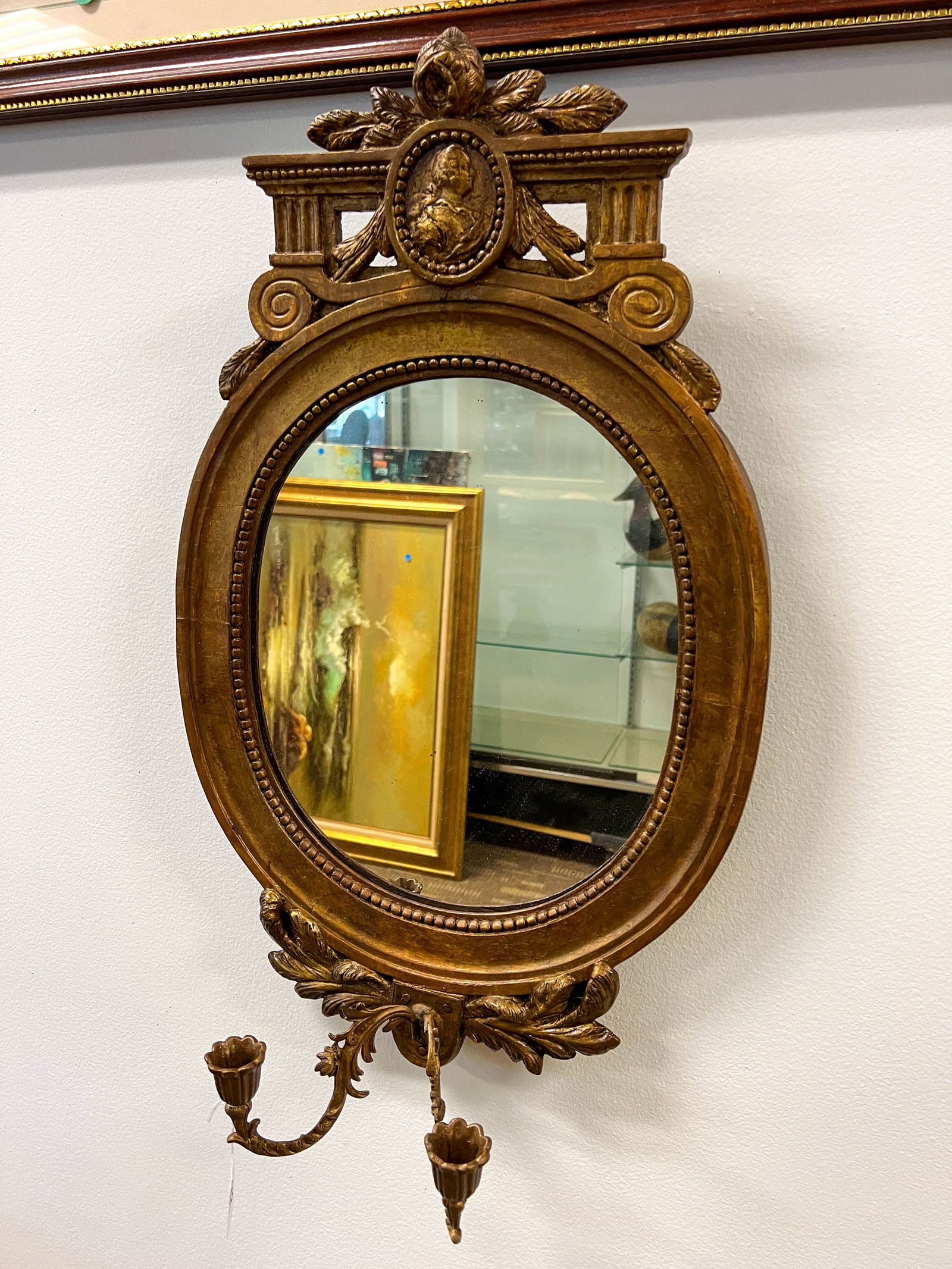 Early French Gesso and Wood Carved Oval Candle Mirror with Two Adjustable Candle Arms (1 of 4)